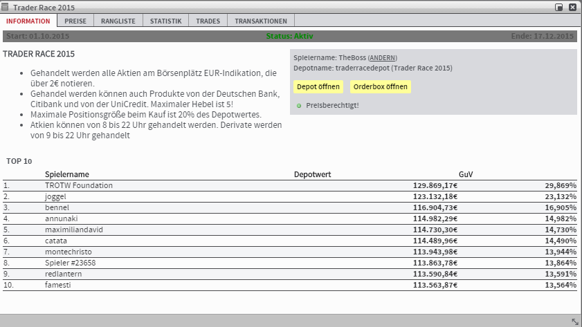 Infofenster Trader Race