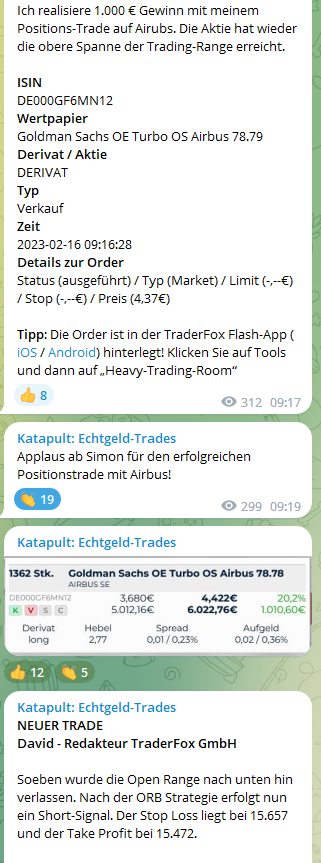 Katapult Echtgeld-Trades bei Telegram
